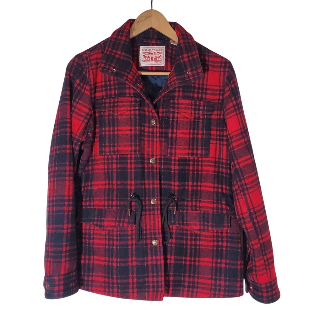 Levi Strauss & Co. Women's Wool Blend Plaid Buffalo Coat Cinch Waist Utility Sm